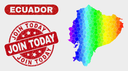 Obraz premium Spectrum dot Ecuador map and seal stamps. Red round Join Today scratched seal. Gradient spectrum Ecuador map mosaic of random round elements. Join Today stamp with scratched surface.