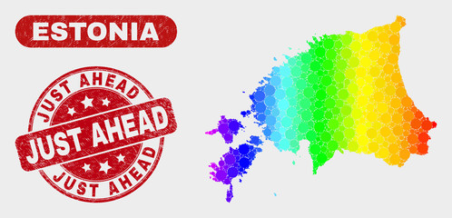 Rainbow colored dot Estonia map and seal stamps. Red rounded Just Ahead textured watermark. Gradient rainbow colored Estonia map mosaic of random circle elements.