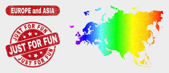 Spectral dotted Europe and Asia map and seal stamps. Red round Just for Fun textured watermark. Gradient spectral Europe and Asia map mosaic of random round elements.