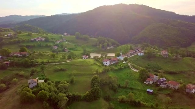 Aerial view of village in the mountains