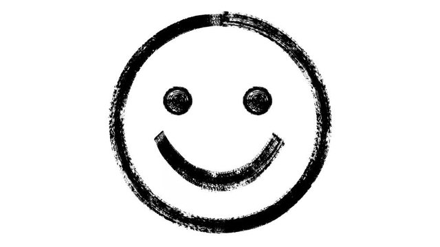 Brush paints a happy emoticon in black ink on a white background. CG animation.