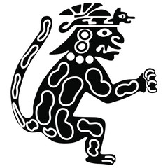 Silhouette of fantastic jaguar warrior. Ancient Peruvian ethnic motif. Black and white silhouette. © Olena