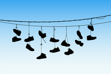 Shoes on wires. Vector illustration with silhouette of old shoes hanging on power lines. Blue pastel background