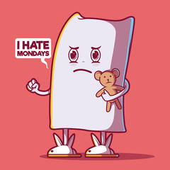 Pillow holding a bear vector illustration. Monday, Work, positive vibes, sleep design concept