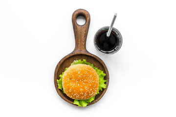 Burger and drink for national american kitchen concept on white background top view