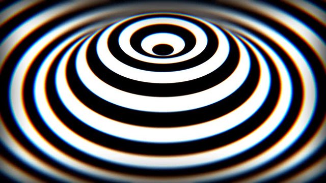 Concentric black and white stripes on a waving surface. Seamless loop abstract 3D animation with DOF and chromatic aberration.