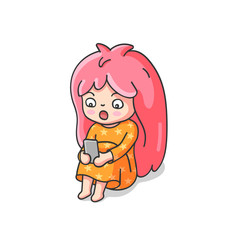 Surprised shocked little girl looking into the smartphone. Cute cartoon character for emoji, sticker, pin, patch, badge. Vector illustration.