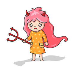 Angry girl with trident and devil horns. Cute cartoon character for emoji, sticker, pin, patch, badge. Vector illustration.