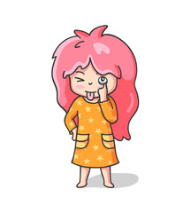 Teasing girl sticking tongue out. Mermaid makes faces. Cute cartoon character for emoji, sticker, pin, patch, badge. Vector illustration.