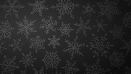Fototapeta na wymiar Christmas background with various complex big and small snowflakes in black colors