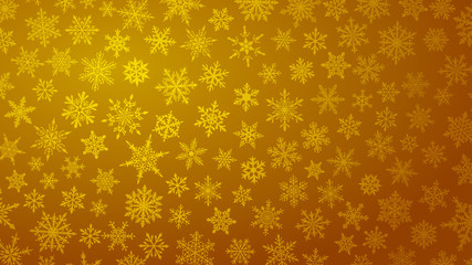 Christmas background with various complex big and small snowflakes in yellow colors