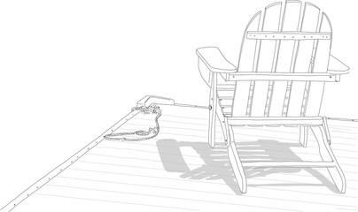 Hand drawn illustration. An Adirondack chair sitting on a dock by a lake. Concept of a peaceful, relaxing vacation.