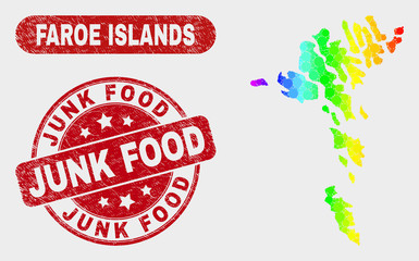 Spectral dot Faroe Islands map and seal stamps. Red rounded Junk Food scratched seal. Gradient spectral Faroe Islands map mosaic of scattered round dots. Junk Food watermark with dirty surface.