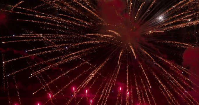 Colorful Fireworks Display at Summer Event in Slow Motion with Rocket Trail - Close Up