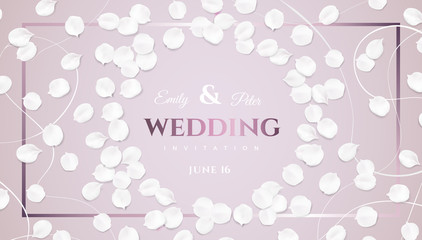 Wedding invitation vector design with sakura flower petals and pink color rich elegant decoration