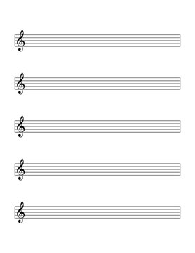 Empty sheet of notes template for beginners. Five-line staff with treble clef for learning the Western musical notation and for exercising the musical pitch. Illustration on white background. Vector.