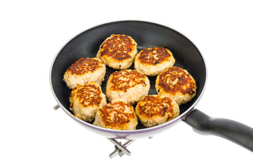 Pan with fried meat patties on white plate