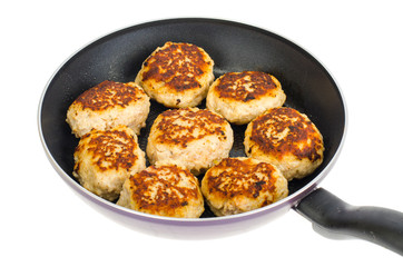 Pan with fried meat patties on white plate
