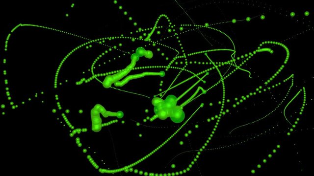 Trailing particles , dots , spheres . 3d animation isolated on solid black background. Green colors