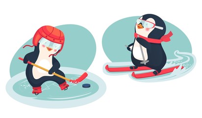 penguin hockey player and penguin skier