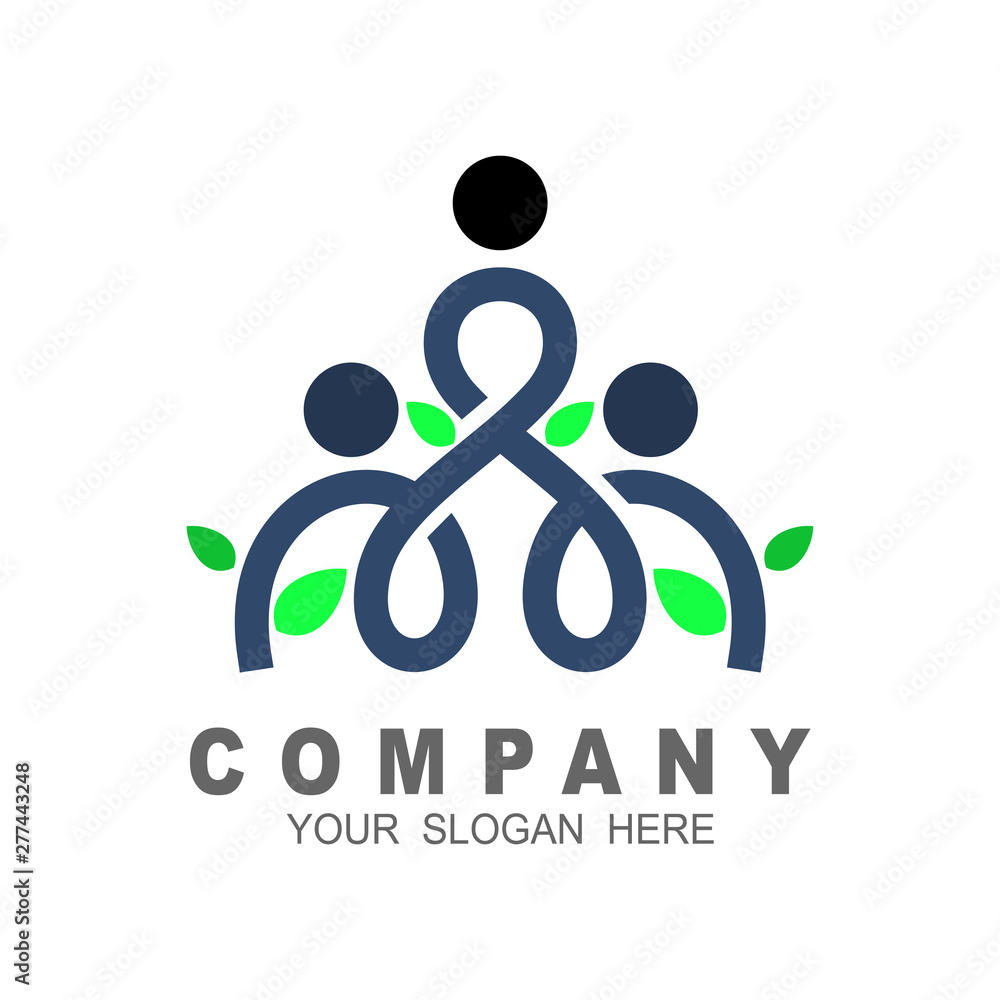 Wall mural people family together human unity logo vector, line icon, human symbol, people and leaf