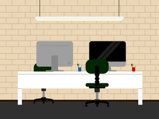 Colored business workspace with different objects like chairs, desk and computer - Vector