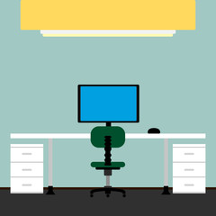 Colored business workspace with different objects like chairs, desk and computer - Vector