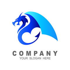 Flying dragon logo template, Dragon head vector logo, dragon with blue