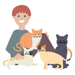 young man with cute cats mascots