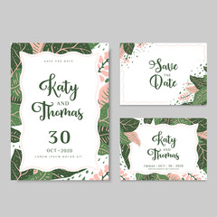 Wedding invitation cards with tropical leaves and flowers. Vector illustration in hand drawn style