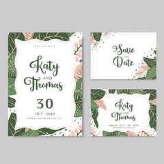 Obraz premium Wedding invitation cards with tropical leaves and flowers. Vector illustration in hand drawn style
