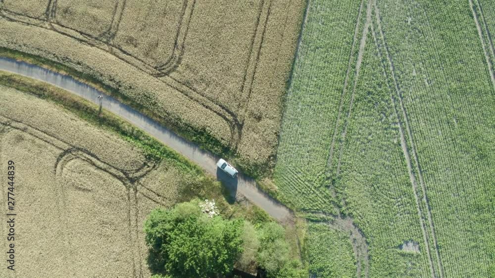 Poster Aeria view of fields and farm land during summer time in Germany. Drone is flying high into the sky while camera is facing down showing farmland