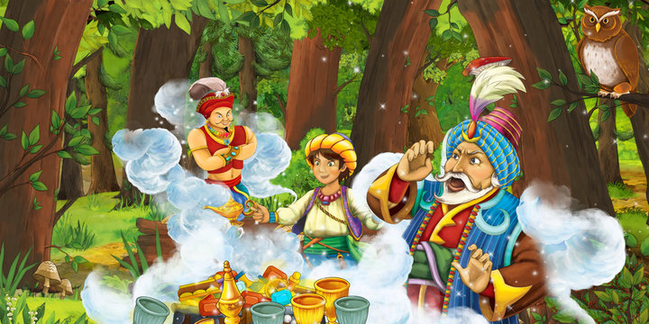 cartoon scene with happy young boy prince and magician in the forest and pair of owls flying - illustration for children