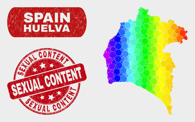 Spectral dot Huelva Province map and seals. Red rounded Sexual Content grunge seal stamp. Gradient spectral Huelva Province map mosaic of random round dots. Sexual Content seal with grunge texture.