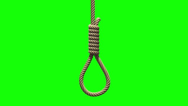 Hangman's noose on green screen. A rope with a knot for suicide or execution by hanging falls from above, swings from side to side like a pendulum and stops. 3D animation with chroma key.