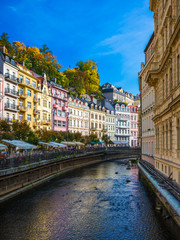 Karlovy Vary, Czech Republic - September 30, 2017: View of old town of Karlovy Vary (Carlsbad) with...