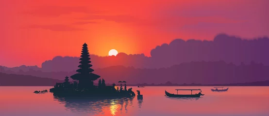 Tuinposter Rode zonsondergang met silhouet van de beroemde Balinese Ulun Danu-watertempel en vissersboten op het Bratan-meer, Bali, Indonesië. Realistische vector illustratie achtergrond © art_of_sun