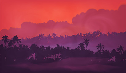 Purple sky evening light with palm trees tropic forest silhouettes in fog, vector illustration banner background