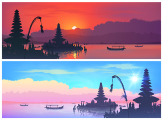 Set of vector travel banners with balinese landscapes of traditional Bali temple silhouettes and fisherman boats on sunset and sunrise sky background - obrazy, fototapety, plakaty