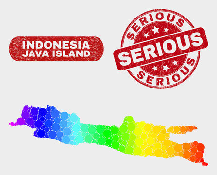 Rainbow colored dot Java Island map and seal stamps. Red round Serious grunge seal. Gradiented rainbow colored Java Island map mosaic of scattered circle. Serious seal with rubber texture.