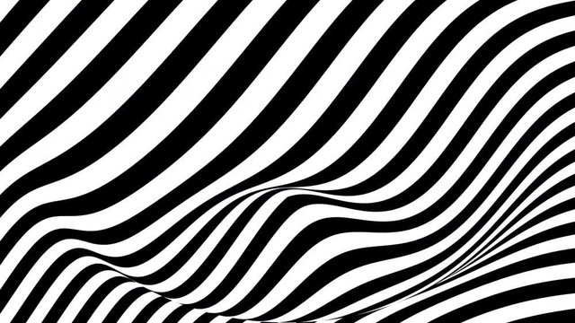 Diagonal black and white stripes on a waving surface. Seamless loop abstract 3D animation.
