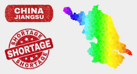 Rainbow colored dotted Jiangsu Province map and seal stamps. Red rounded Shortage scratched seal. Gradient rainbow colored Jiangsu Province map mosaic of random round elements.