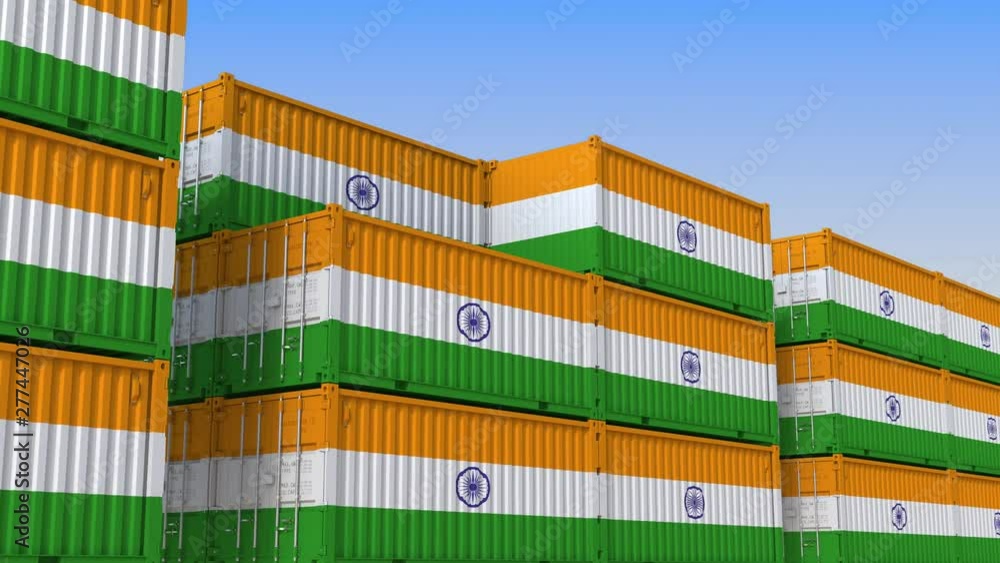 Poster container terminal full of containers with flag of india. indian export or import related loopable 3