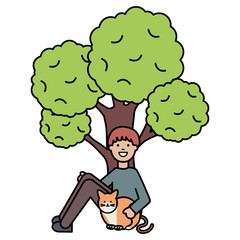young man with cute cat and tree