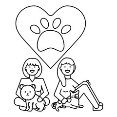 young women with cute cat and dog mascots