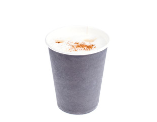 Disposable black paper cup with cappuccino, latte. 