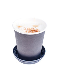 Disposable black paper cup with cappuccino, latte. 