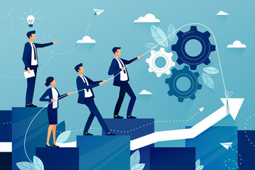 Business team walking to successful. Male leader showing way to future success. Mutual support and assistance in work. Concept of teamwork in business company. Vector colorful illustration.