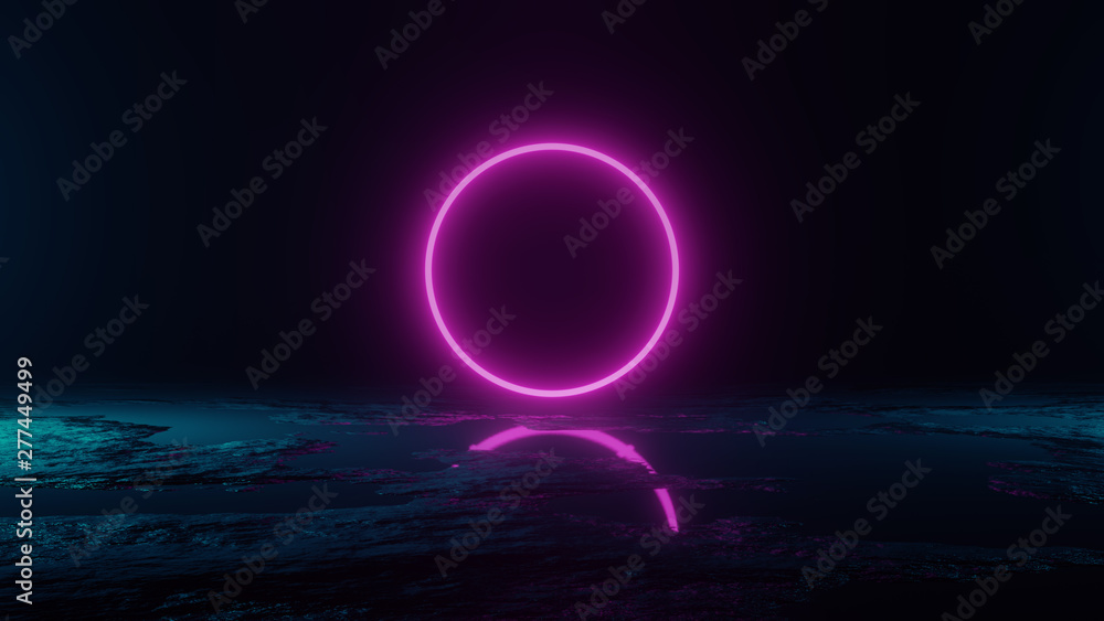 Poster futuristic sci-fi abstract blue and purple neon light shapes on black background and reflective surf