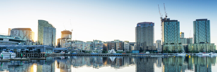 Melbourne City Skyline, Docklands Harbour Buildings Reflection